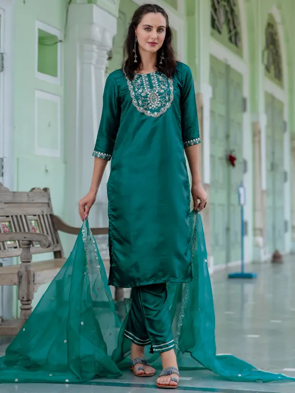 Floral_Embroidered_Silk_Round_Neck_Kurta_Trouser_And_Dupatta_Set
