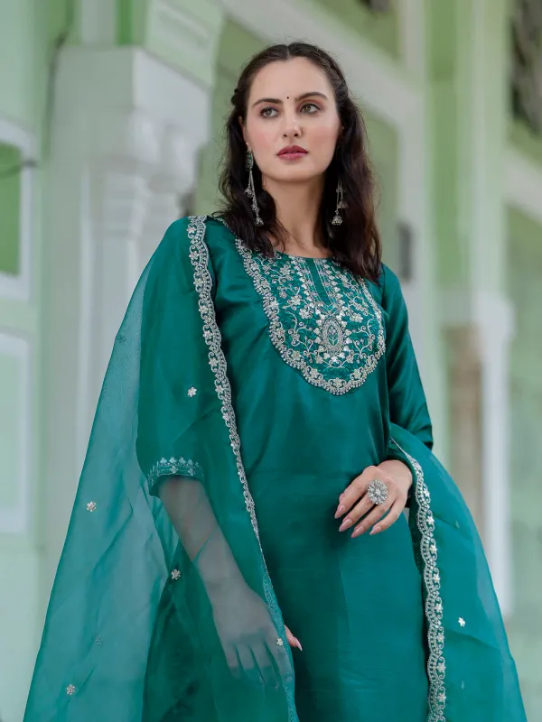 Floral_Embroidered_Silk_Round_Neck_Kurta_Trouser_And_Dupatta_Set