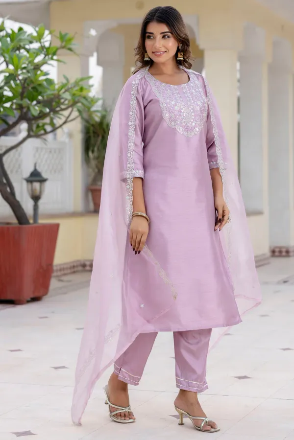 Floral_Embroidered_Silk_Round_Neck_Kurta_Trouser_And_Dupatta_Set