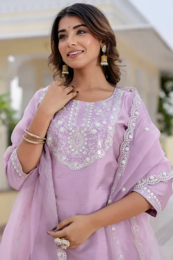 Floral_Embroidered_Silk_Round_Neck_Kurta_Trouser_And_Dupatta_Set
