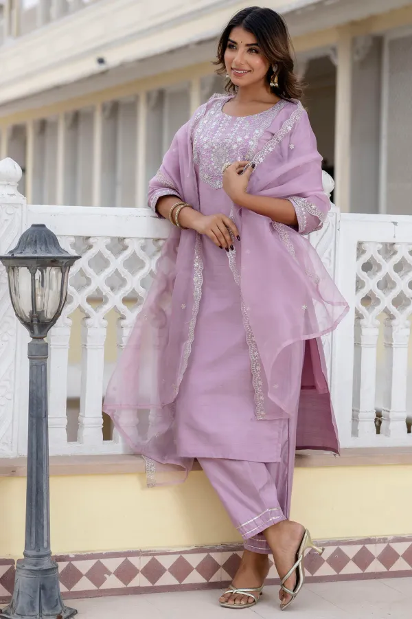 Floral_Embroidered_Silk_Round_Neck_Kurta_Trouser_And_Dupatta_Set