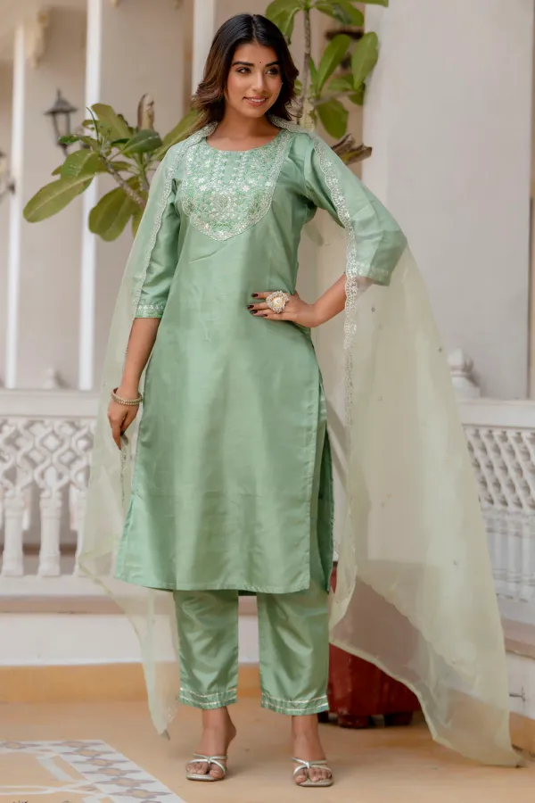 Floral_Embroidered_Silk_Round_Neck_Kurta_Trouser_And_Dupatta_Set