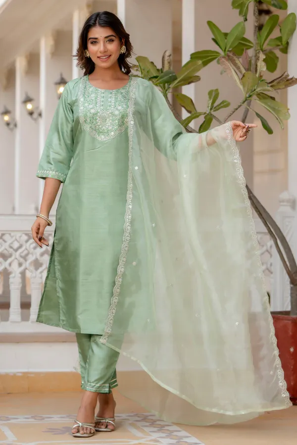 Floral_Embroidered_Silk_Round_Neck_Kurta_Trouser_And_Dupatta_Set