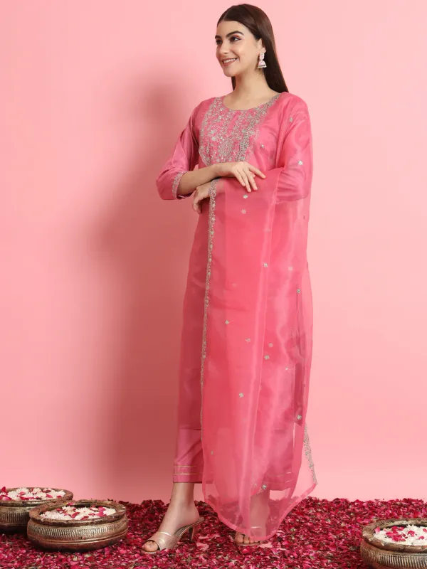 Floral_Embroidered_Silk_Round_Neck_Kurta_Trouser_And_Dupatta_Set