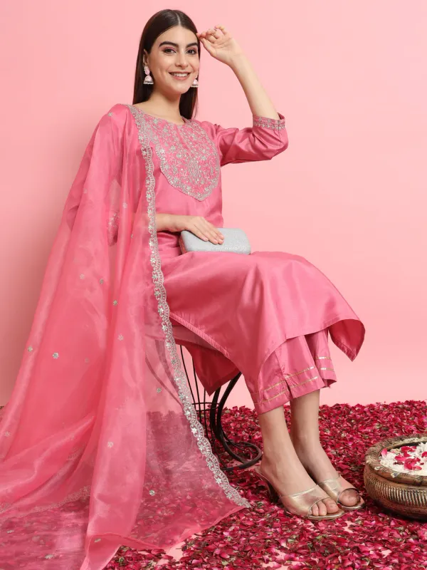 Floral_Embroidered_Silk_Round_Neck_Kurta_Trouser_And_Dupatta_Set
