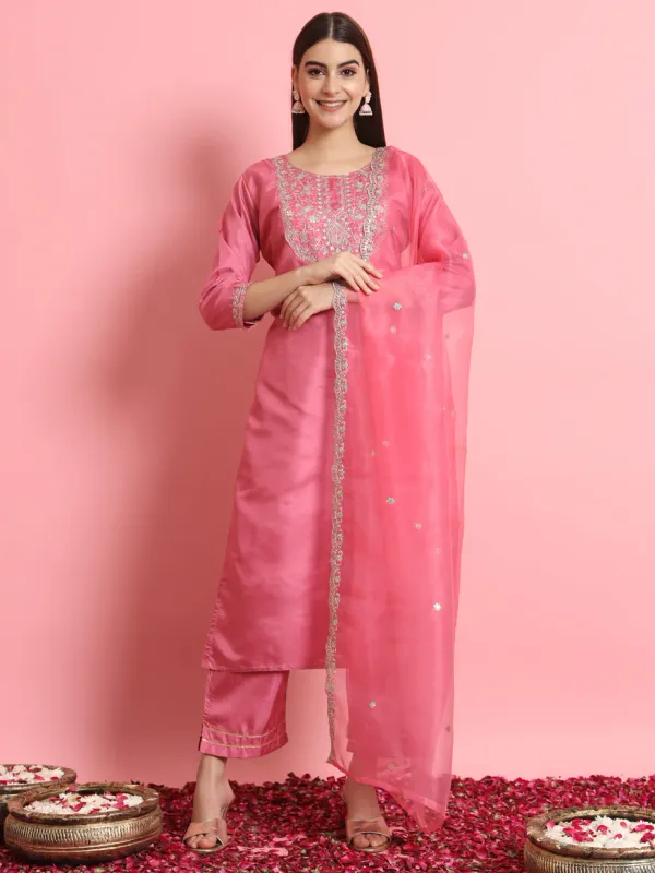 Floral_Embroidered_Silk_Round_Neck_Kurta_Trouser_And_Dupatta_Set
