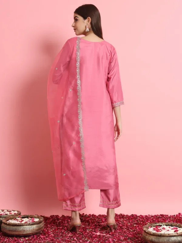 Floral_Embroidered_Silk_Round_Neck_Kurta_Trouser_And_Dupatta_Set