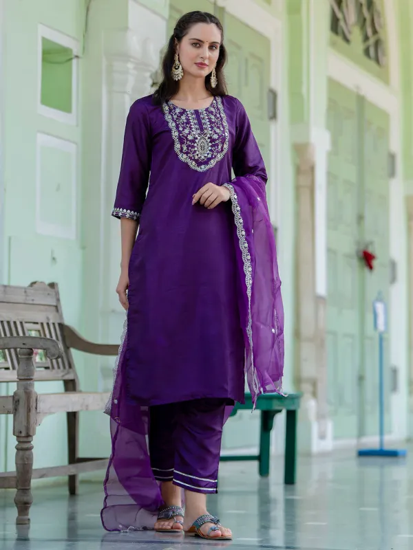 Floral_Embroidered_Silk_Round_Neck_Kurta_Trouser_And_Dupatta_Set
