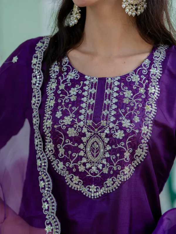 Floral_Embroidered_Silk_Round_Neck_Kurta_Trouser_And_Dupatta_Set