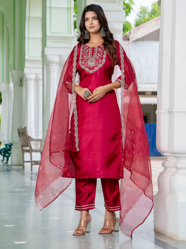 Floral_Embroidered_Silk_Round_Neck_Kurta_Trouser_And_Dupatta_Set