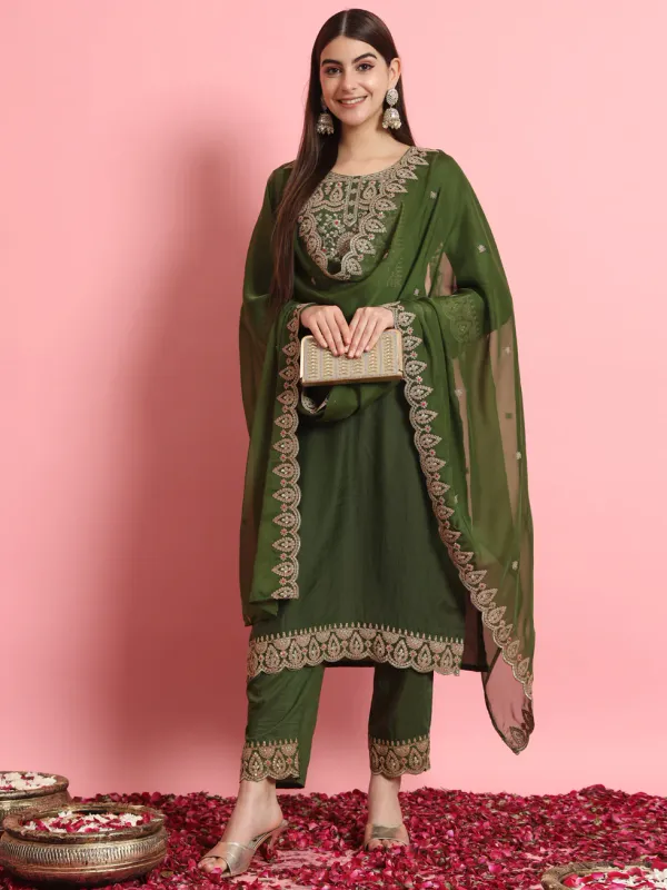 Floral_Embroidered_Silk_Round_Neck_Kurta_Trouser_And_Dupatta_Set