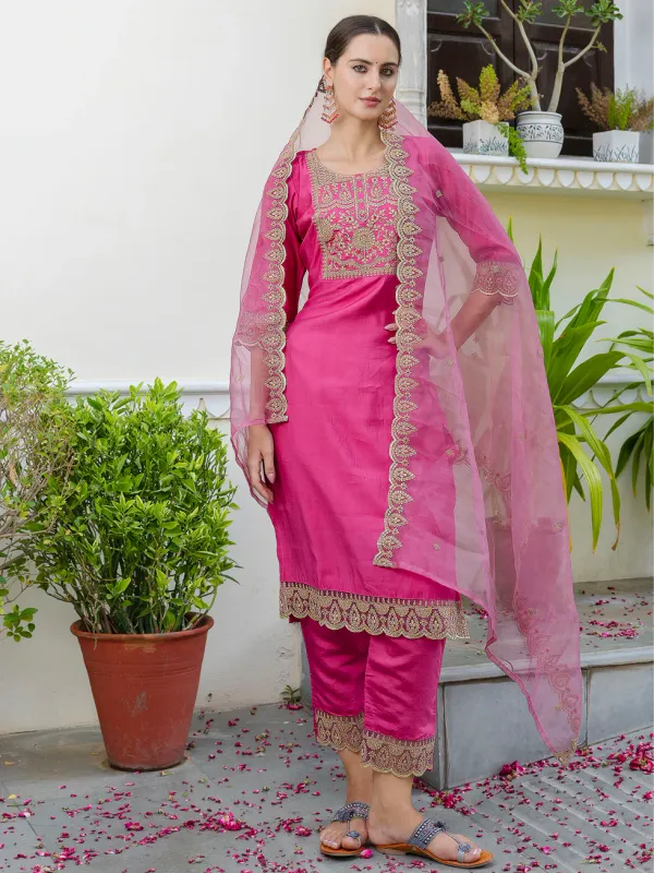 Floral_Embroidered_Silk_Round_Neck_Kurta_Trouser_And_Dupatta_Set