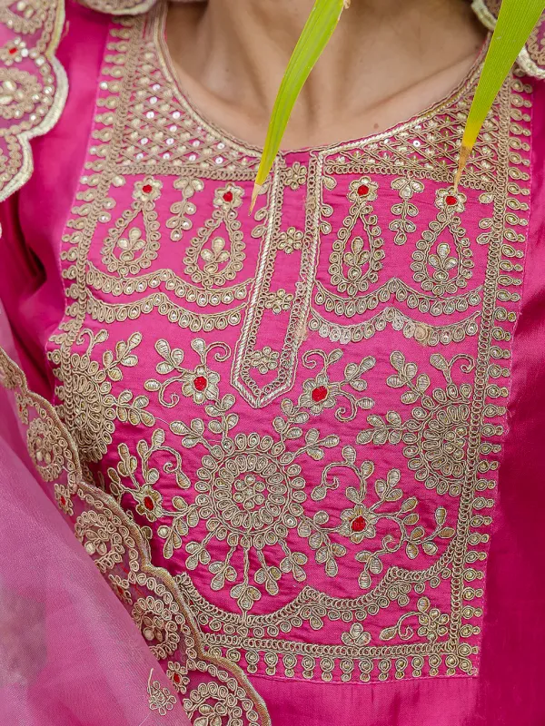 Floral_Embroidered_Silk_Round_Neck_Kurta_Trouser_And_Dupatta_Set