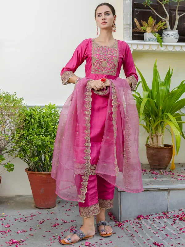 Floral_Embroidered_Silk_Round_Neck_Kurta_Trouser_And_Dupatta_Set