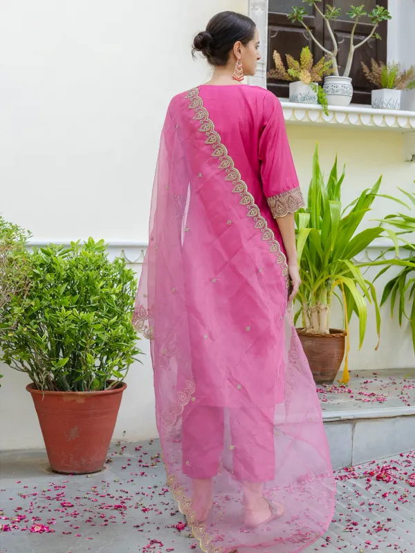 Floral_Embroidered_Silk_Round_Neck_Kurta_Trouser_And_Dupatta_Set