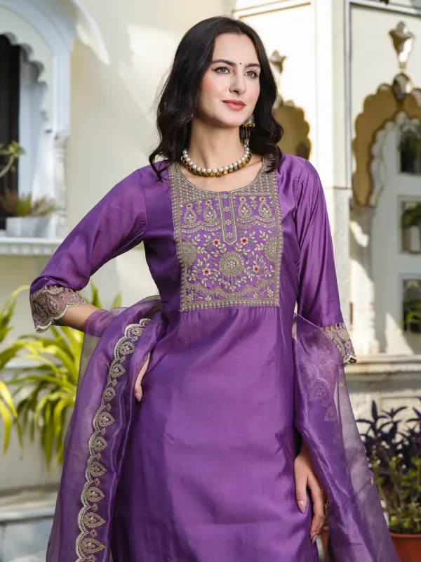 Floral_Embroidered_Silk_Round_Neck_Kurta_Trouser_And_Dupatta_Set