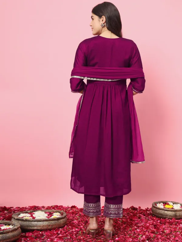 Floral_Embroidered_Silk_V_Neck_Kurta_Trouser_And_Dupatta_Set