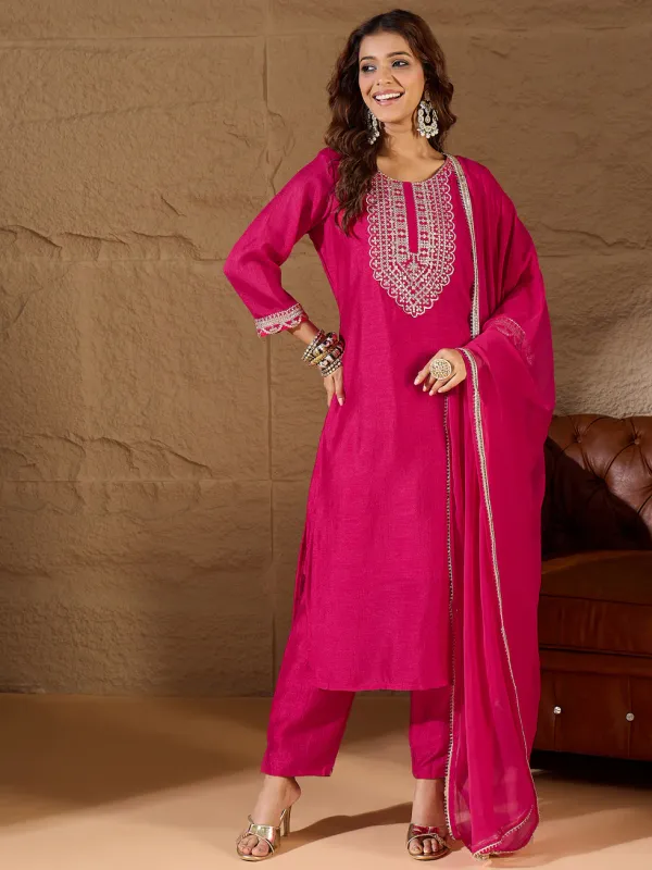 Floral_Embroidered_Silk_Round_Neck_Kurta_Trouser_And_Dupatta_Set