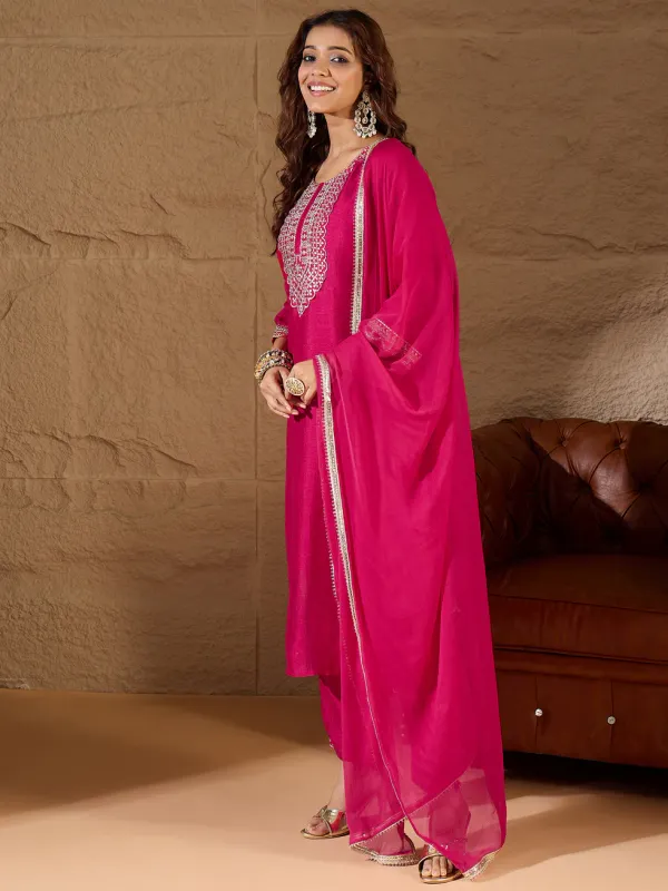 Floral_Embroidered_Silk_Round_Neck_Kurta_Trouser_And_Dupatta_Set