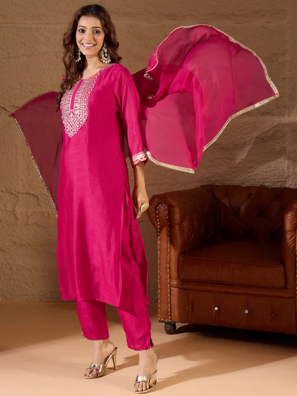 Floral_Embroidered_Silk_Round_Neck_Kurta_Trouser_And_Dupatta_Set