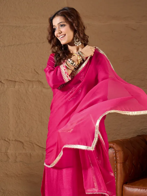 Floral_Embroidered_Silk_Round_Neck_Kurta_Trouser_And_Dupatta_Set