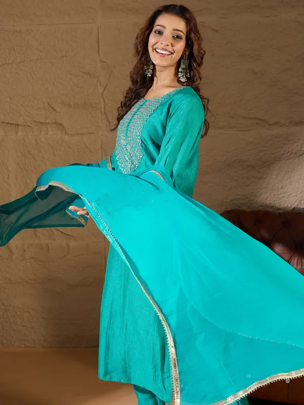 Floral_Embroidered_Silk_Round_Neck_Kurta_Trouser_And_Dupatta_Set