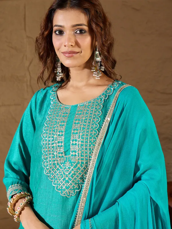 Floral_Embroidered_Silk_Round_Neck_Kurta_Trouser_And_Dupatta_Set