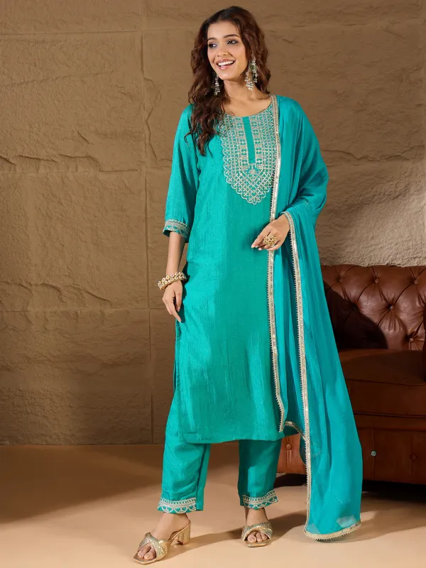Floral_Embroidered_Silk_Round_Neck_Kurta_Trouser_And_Dupatta_Set