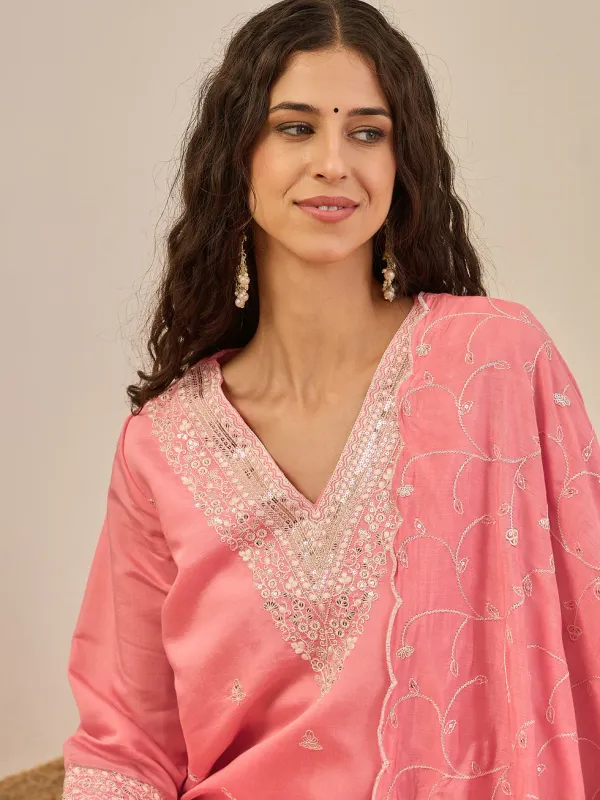 Floral_Embroidered_Cotton_Silk_V_Neck_Kurta_Trouser_&_Dupatta