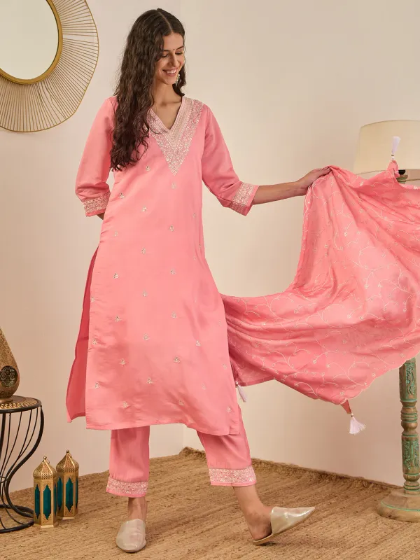 Floral_Embroidered_Cotton_Silk_V_Neck_Kurta_Trouser_&_Dupatta