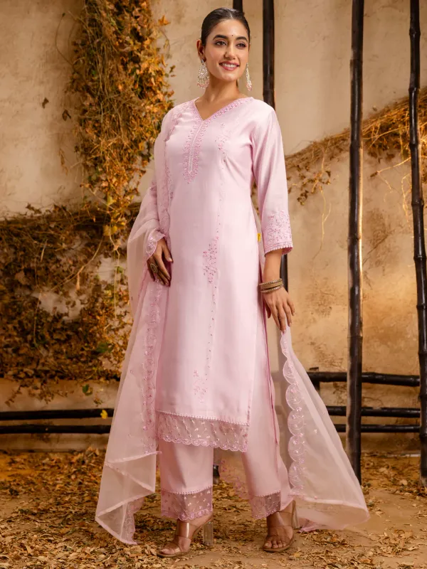 Floral_Embroidered_Silk_V_Neck_Kurta_Trouser_&_Dupatta_Set