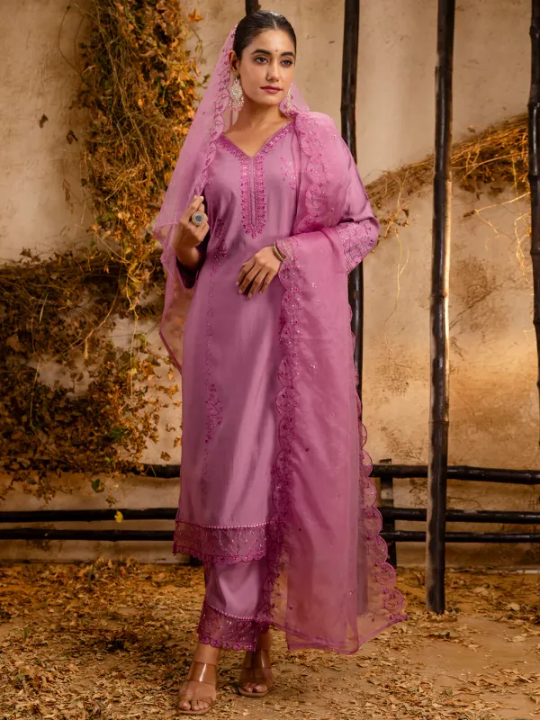 Floral_Embroidered_Silk_V_Neck_Kurta_Trouser_&_Dupatta_Set