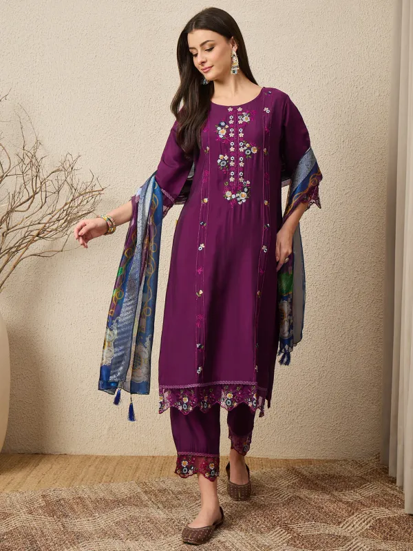 Floral_Embroidered_Silk_Round_Neck_Kurta_Trouser_&_Dupatta_Set