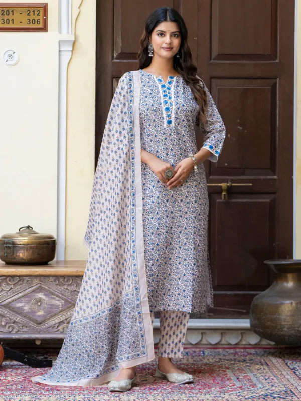 Floral_Printed_Pure_Cotton_Round_Neck_Kurta_Trouser_And_Dupatta_Set