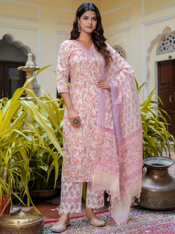 Floral_Printed_Pure_Cotton_V_Neck_Kurta_Trouser_And_Dupatta_Set