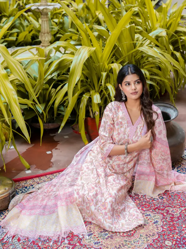 Floral_Printed_Pure_Cotton_V_Neck_Kurta_Trouser_And_Dupatta_Set