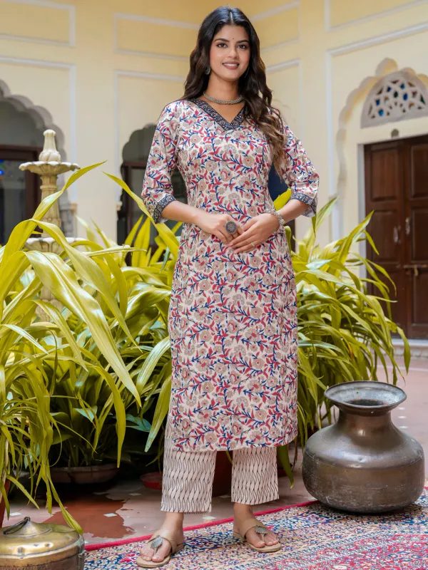 Floral_Printed_Pure_Cotton_V_Neck_Kurta_Trouser_And_Dupatta_Set