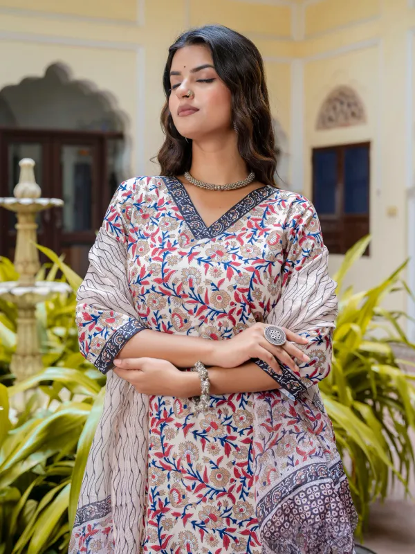 Floral_Printed_Pure_Cotton_V_Neck_Kurta_Trouser_And_Dupatta_Set