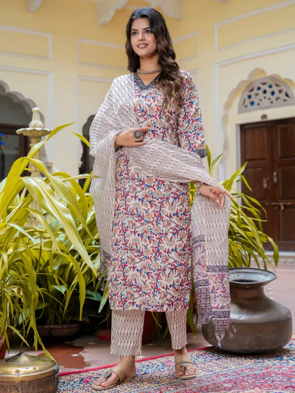 Floral_Printed_Pure_Cotton_V_Neck_Kurta_Trouser_And_Dupatta_Set
