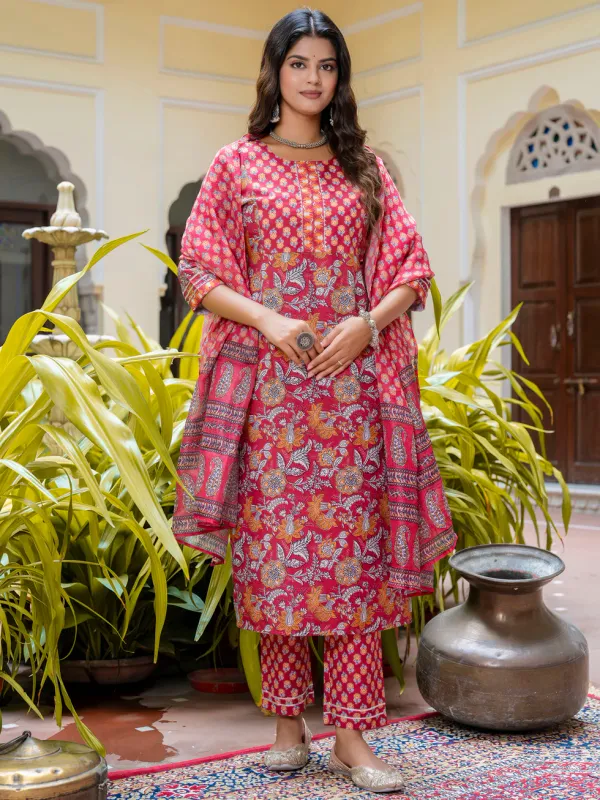 Floral_Printed_Pure_Cotton_Round_Neck_Kurta_Trouser_And_Dupatta_Set
