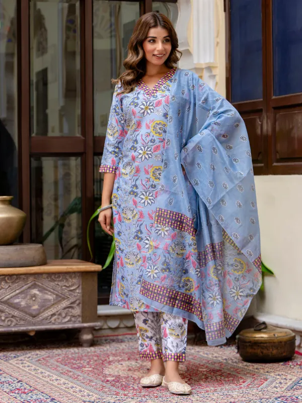 Floral_Printed_Pure_Cotton_V_Neck_Kurta_Trouser_And_Dupatta_Set
