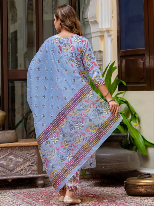 Floral_Printed_Pure_Cotton_V_Neck_Kurta_Trouser_And_Dupatta_Set