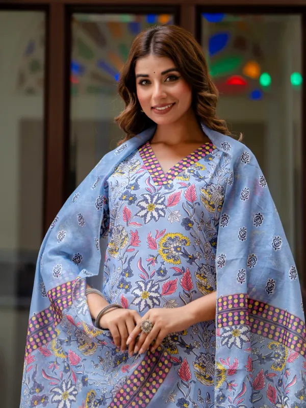 Floral_Printed_Pure_Cotton_V_Neck_Kurta_Trouser_And_Dupatta_Set