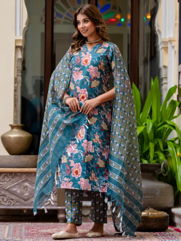 Floral_Printed_Pure_Cotton_V_Neck_Kurta_Trouser_And_Dupatta_Set