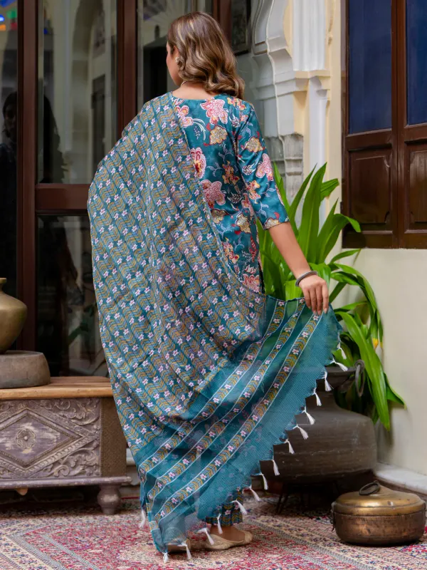 Floral_Printed_Pure_Cotton_V_Neck_Kurta_Trouser_And_Dupatta_Set