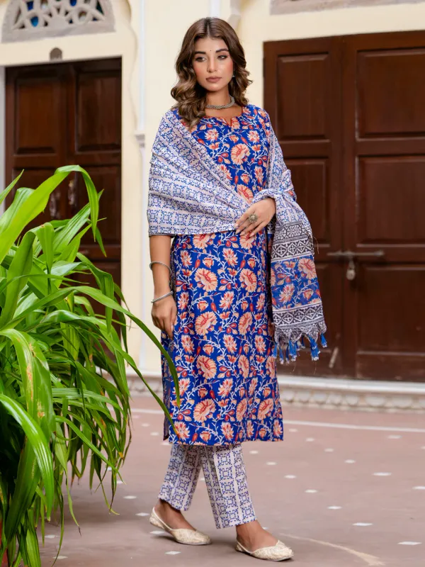 Floral_Printed_Pure_Cotton_Round_Neck_Kurta_Trouser_And_Dupatta_Set