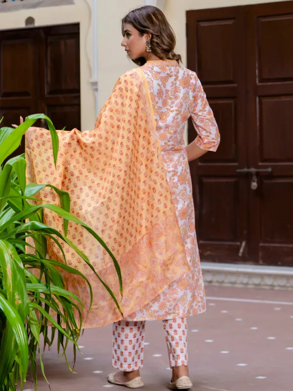 Floral_Printed_Pure_Cotton_V_Neck_Kurta_Trouser_And_Dupatta_Set