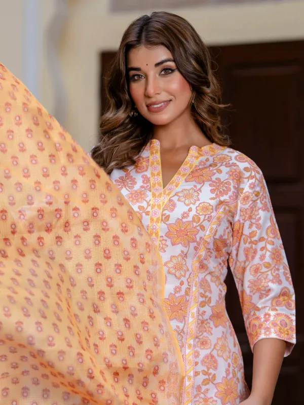 Floral_Printed_Pure_Cotton_V_Neck_Kurta_Trouser_And_Dupatta_Set