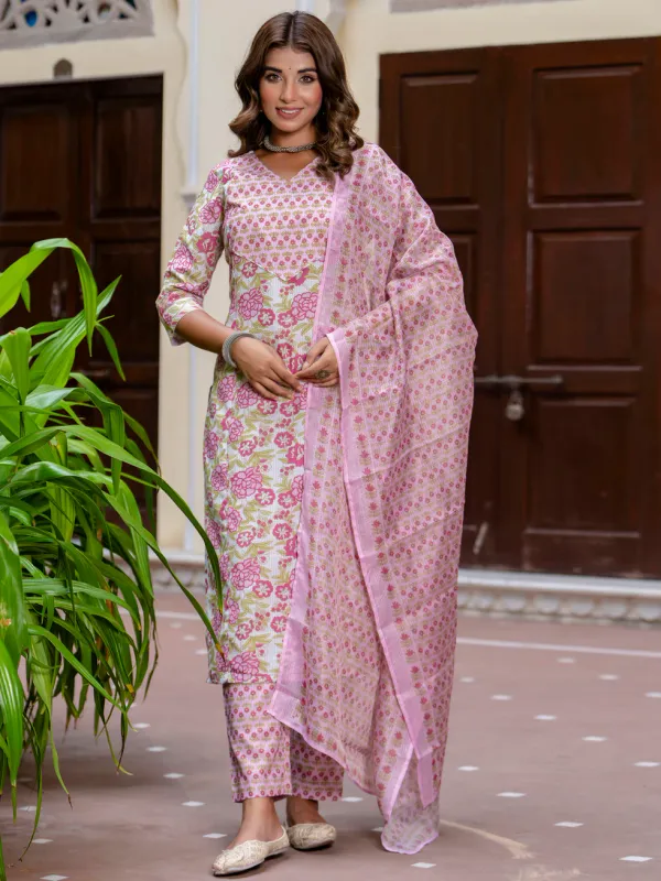 Floral_Printed_Pure_Cotton_V_Neck_Kurta_Trouser_And_Dupatta_Set