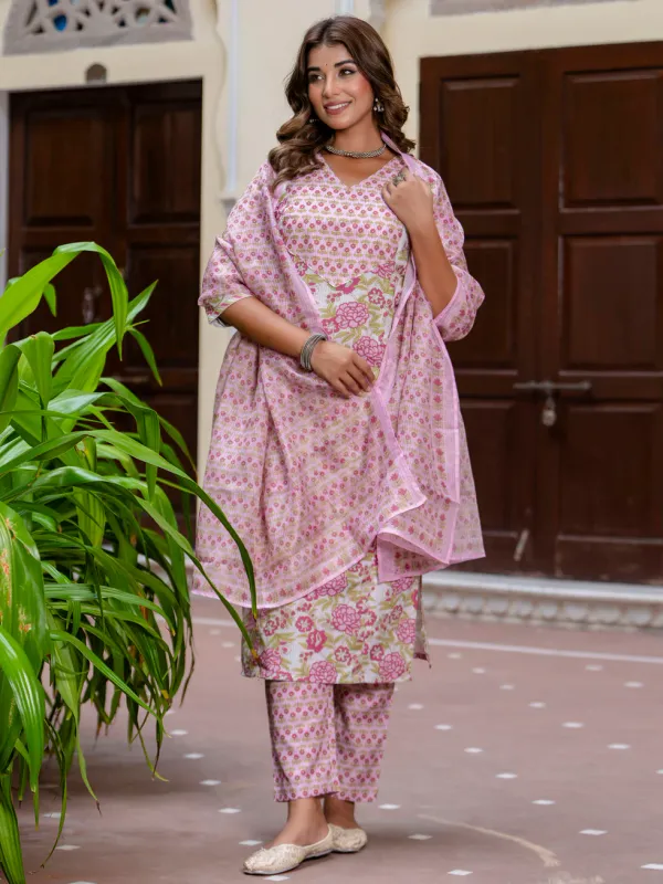 Floral_Printed_Pure_Cotton_V_Neck_Kurta_Trouser_And_Dupatta_Set
